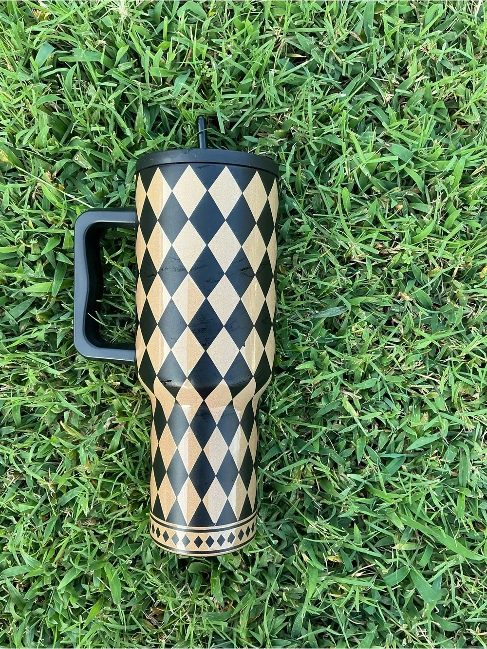 Myra Bag Black & Gold Diamond Travel Tumbler with Turquoise Floral Accent
